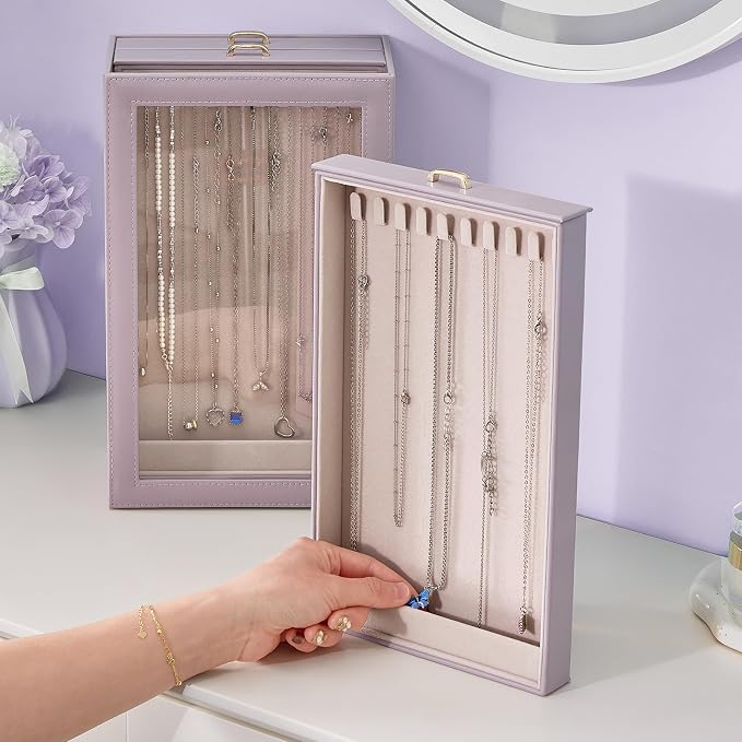 Lolalet Necklace Organizer Box, Jewelry Storage Box with Clear Window for Necklaces Bracelets, Tangle-Free Necklace Display Case for Women Girls, Dusty Purple, 3 Layers 30 Hooks