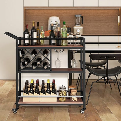 Giantex Bar Cart, 3 Tier Serving Cart for Home, 8 Wine Bottles Rack, Glass Holder, Industrial Mobile Kitchen Cart with Lockable Wheels and Handle, Storage Shelves for Drink Beverage