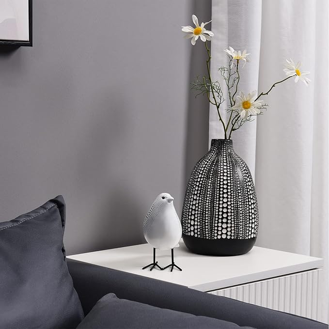 Quoowiit Bird Figurine, Modern Sculpture and Statues for Home Decor, Animal Statues for Bookshelf, Table, Entryway, Fireplace, Resin Decorative Sculpture with Chic Polka Dots Art Design (White)
