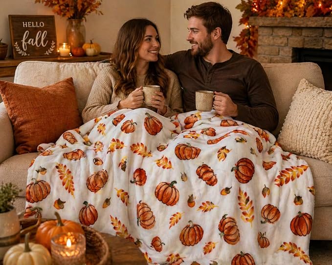 Home Decor Farmhouse Fall Fleece Throw Blanket: Harvest Pumpkins Leaves and Wheat on Velvet Fleece, Oversized Measures 70" inches x 50" inches
