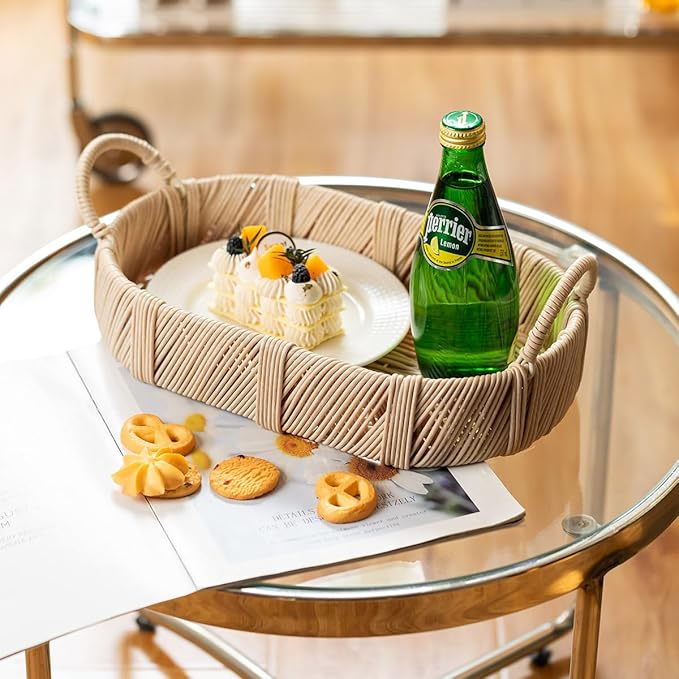 Hand-Woven Rattan-Style Storage Basket with Handles, Beige Oval Organizer Tray for Bathroom Kitchen Living Room | Fruit, Snack, Cosmetic & Toiletries Organizer | Decorative Multi-Purpose Basket