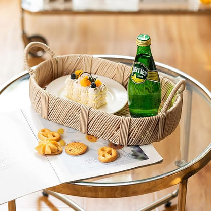 Hand-Woven Rattan-Style Storage Basket with Handles, Beige Oval Organizer Tray for Bathroom Kitchen Living Room | Fruit, Snack, Cosmetic & Toiletries Organizer | Decorative Multi-Purpose Basket