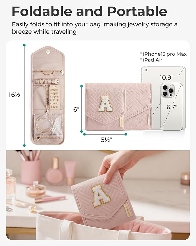 BAGSMART Travel Jewelry Organizer Case K Initial Foldable Jewelry Roll for Journey Rings, Necklaces, Earrings, Bracelets,Mini,Letter K,Soft Pink