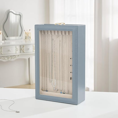 Lolalet Necklace Organizer Box, Jewelry Storage Box with Clear Window for Necklaces Bracelets, Tangle-Free Necklace Display Case for Women Girls, Dusty Blue, 2 Layers 20 Hooks
