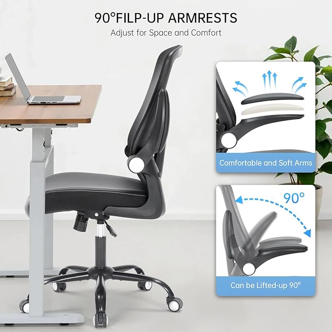 Ergonomic Office Chair, Mid Back Breathable Mesh Desk Computer Swivel Chair with Adjustable Lumbar Support,Flip up Arms,PU Leather Cushion for Home Office, Black