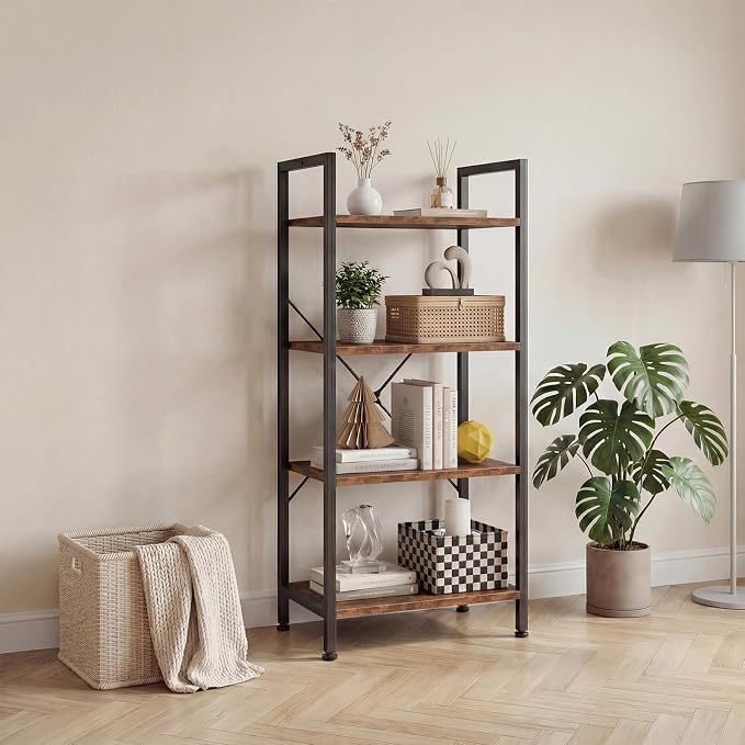 DUMOS 4-Tier Bookshelf, Modern Tall Bookcase, Open Storage Display Shelf for Living Room, Bedroom, Home Office, Narrow Standing Shelving Unit for Books, CDs, Décor，Brown