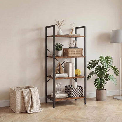 DUMOS 4-Tier Bookshelf, Modern Tall Bookcase, Open Storage Display Shelf for Living Room, Bedroom, Home Office, Narrow Standing Shelving Unit for Books, CDs, Décor，Brown