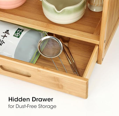 AIEVE Matcha Station Organizer, 2-Tier Bamboo Shelf with Hidden Drawer, Coffee Station Organizer Mug Holder Shelf for Matcha Whisk Set Bowl Cup Scoop Sifter