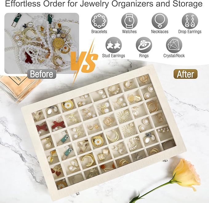48 Grid Velvet Stud Earring Organizer Storage Tray, Adjustable Earring Holder Organizer with Clear Lid, Jewelry Display Box for Earrings, Rings, Necklaces and Studs, Gift for Women and Girls