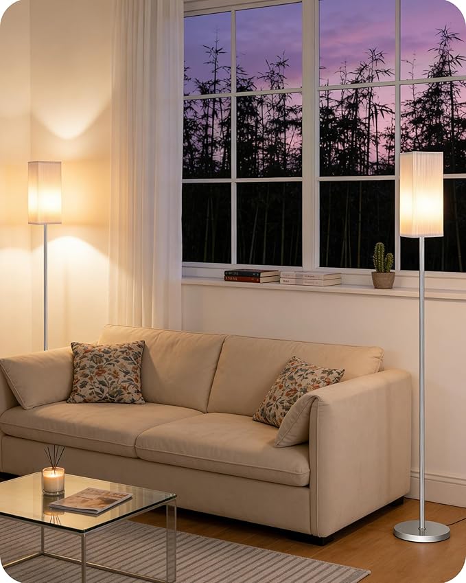 64.2” Dimmable Floor Lamp for Living Room with Remote and Foot Switch, Corner Floor Lamp for Bedroom, Includes 10W A19 Bulb, Modern Standing Tall Lamp, ETL Listed, Silver and White SCW17LD05