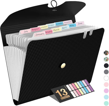 Sooez Expanding File Folder, 13 Pocket Accordion File Organizer, Monthly Expandable File Folder for Documents with Labels, Portable Bill Receipt Organizer for School Office Supplies, Letter A4 Size