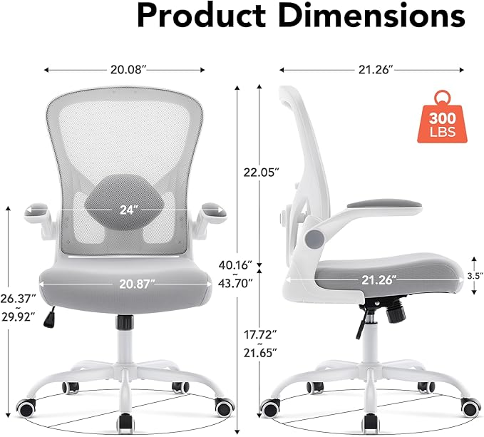 Ergonomic Office Chair, Computer Desk Chair with Adjustable Lumbar Support and Flip-up Armrests, Rocking Function, Comfy Mesh Office Desk Chair for Home Office, Grey