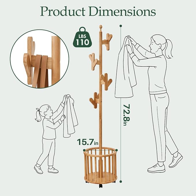 Wood Coat Rack with Umbrella Holder - Wooden Coat Tree Rack Freestanding Heavy Duty Stand with 12 Hooks, Rolling Hat Hanger Racks with Wheels for Bedroom Entryway Hallway Livingroom Corner (Natural)