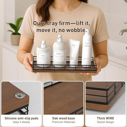 Toilet Paper Basket Organizer – Oak Wood Toilet Tank Tray with Metal Frame, Back of Tank or Top Bathroom Counter Storage – Black & Brown Modern Decor