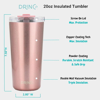 Drinco - 20 oz Stainless Steel Tumbler | Double Walled Vacuum Insulated Mug With Lid, 2 Straws, For Hot & Cold Drinks (20oz Bling Rose Gold, 20oz)