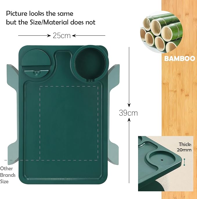 Nnewvante Couch Arm Table,3 in 1 Large 15.36"x9.85" Bamboo Sofa Arm Clip on TV Tray Table with 360°Rotated Phone/Cup Holder, Dark Green