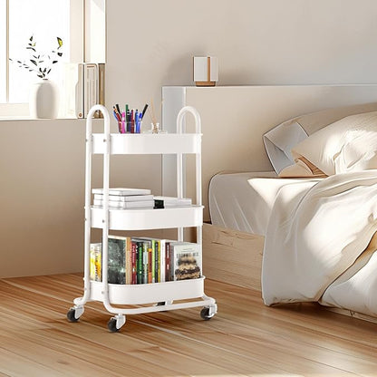 EAGMAK 3 Tier Rolling Cart, Round Metal Utility Cart with Lockable Wheels, Storage Cart Organizer Trolley with Mesh Shelves for Living Room, Kitchen, Bedroom, Office(White)