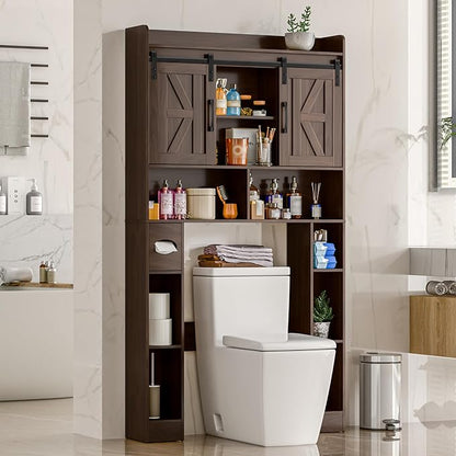 Farmhouse Storage Cabinet Over Toilet with Sliding Doors，Over The Toilet Storage Cabinet, Home Space-Saving Toilet Rack, for Bathroom, Restroom, Laundry.Espresso