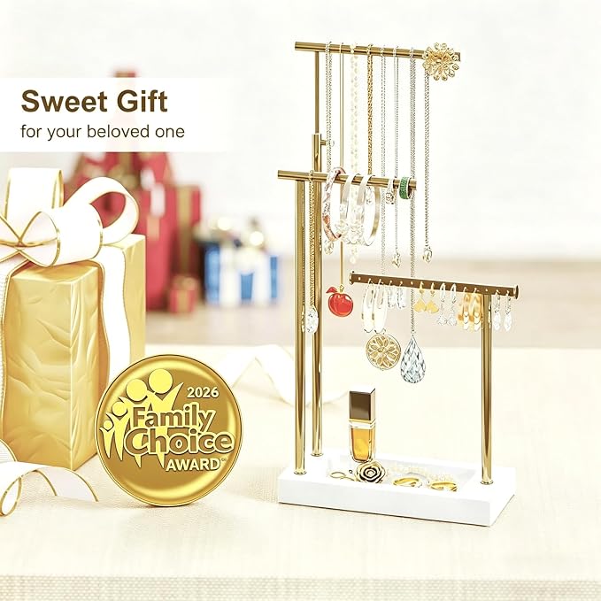 SRIWATANA Jewelry Organizer Display Extra Tall Necklace Holder 3 Tier Jewelry Tree Stand, Gift Idea (White & Gold)