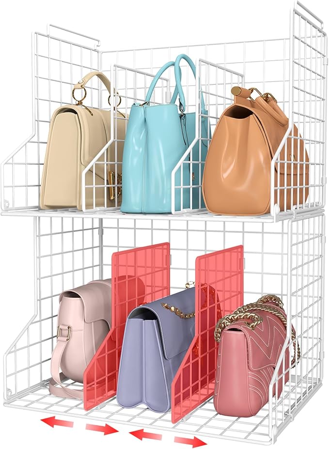 Sonyabecca Purse Storage Organizer for Closet : Adjustable 2-Pack Dividers Handbag Organizer - Stackable Wire Handbags Storage Baskets -Open Cabinets Wallets Tote Chain Bags Clutches -White