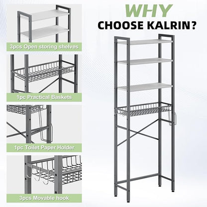 Kalrin Over-The-Toilet Storage Rack, 4-Tier Bathroom Organizer Shelf Over Toilet with Adjustable Shelf and Basket, Freestanding Space Saver Bathroom Shelves Above Toilet for Room (Gray- White)