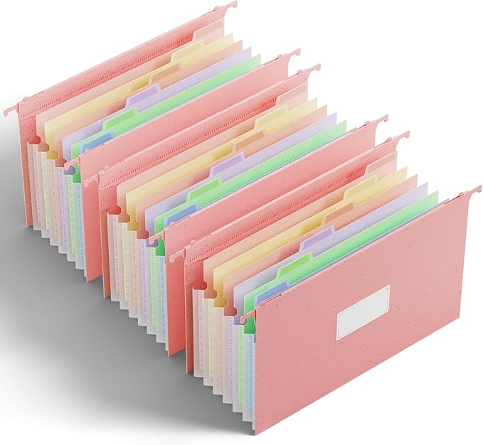ANSOOK Wheat Straw Expanding Hanging File Folders Legal Size,7 Expansion 1.2" Accordion Pockets,3 Pack File Cabinet Folders with Tabs, Large Capacity File Folders,Pink File Organizer for Documents