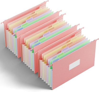 ANSOOK Wheat Straw Expanding Hanging File Folders Legal Size,7 Expansion 1.2" Accordion Pockets,3 Pack File Cabinet Folders with Tabs, Large Capacity File Folders,Pink File Organizer for Documents