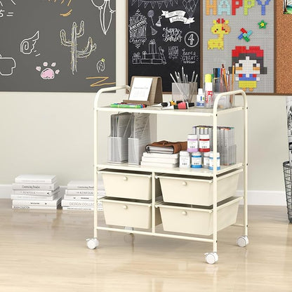 Giantex Rolling Storage Cart w/ 4 Drawers 2 Shelves Metal Rack Shelf Home Office School Beauty Salon Utility Organizer Cart with Wheels, Ivory