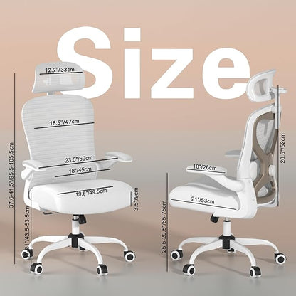 Ergonomic Office Chair for Back & Neck Pain Relief, Virgin Foam Seat, 2D Adjustable Lumbar & 3D Headrest, Tilt & Rock for Relaxation, Ideal for Long Sitting Comfort, White/Gold