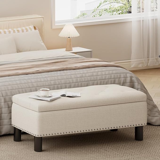 Furniliving Large Storage Ottoman, Beige, Wood Frame, Linen Fabric, 285 Lbs Capacity