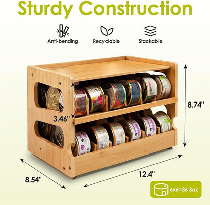 Coanto Cat Food Can Organizer for Pantry, Bamboo 2-Tier FIFO Rotating Can Dispenser, Holds 36 (3oz) Wet Cat Food Cans, Stackable Storage Shelf for Kitchen Cabinet