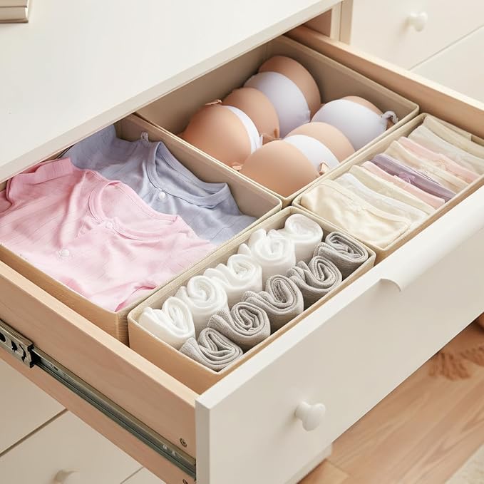 Drawer Organizer Set 6 Pack - Foldable 11" Fabric Storage Bins with Zipper Bottom for Underwear Socks Bras Baby Clothes - Closet Dresser Dividers for Bedroom Nursery, Light Grey