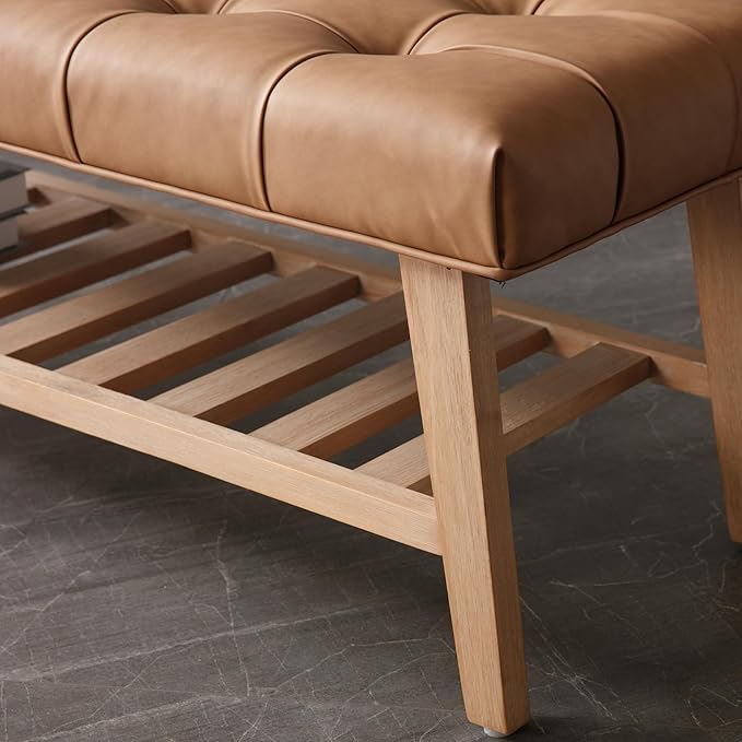 Entryway Shoe Bench Storage Benches with Upholstered Button Tufted Seat and Open Slatted Shelf PU Leather Ottoman Bench for Hallway Living Room Bedroom End of Bed, Brown