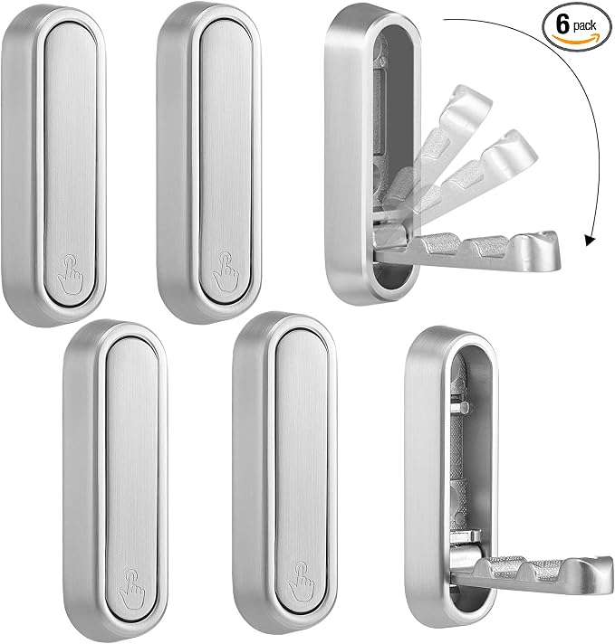 Dntorx Folding Coat Hooks, 6 Pcs Foldable Silver Wall Hooks Heavy Duty Foldable Hook Bathroom Towel Hooks Robe Hooks Wall Mounted for Hanging Coat Towels Clothes Hat Bags Keys