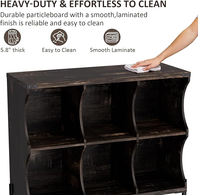 6 Cube Book Shelf, Low and Short Bookshelf, Long Cube Storage Organizer Wood TV Stand, Toy Organization DVD Cabinets for Living Room, Office, Bedroom, Dorm, Dark Brown with Dark Brown Top