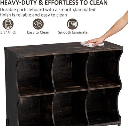 6 Cube Book Shelf, Low and Short Bookshelf, Long Cube Storage Organizer Wood TV Stand, Toy Organization DVD Cabinets for Living Room, Office, Bedroom, Dorm, Dark Brown with Dark Brown Top