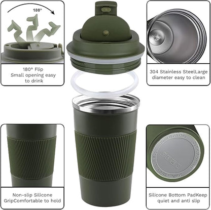 YINBAOGE Insulated Travel Coffee Mug, Spill & Leak Proof, Portable To Go Camping Stainless Steel Coffee Tumbler, Reusable Thermal Coffee Cup with Lid for Hot & Cold Drinks (Green, 12 OZ)