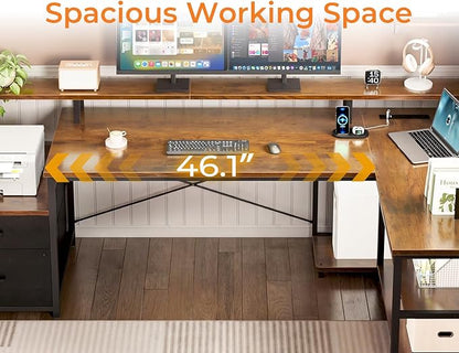 ODK 75" L Shaped Desk with File Drawers, Work from Home Office Desk with Power Outlet, Reversible Computer Desk with Storage Shelves, Gaming Desk with Monitor Shelf, Corner WFM Table, Vintage