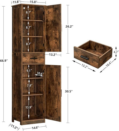 TEENFON Tall Bathroom Cabinet, Storage Cabinet with 6 Shelves & Drawer, Bathroom Storage Cabinet with Adjustable Shelves, Tall Cabinet for Living Room, Home Office, Brown