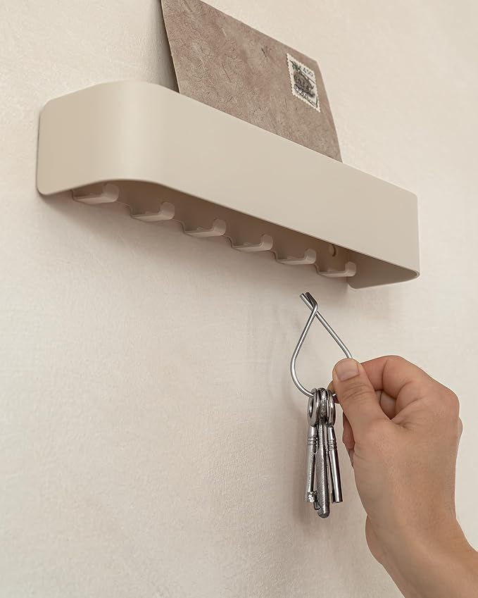 Kazai. Key Holder for Wall 'Tone' | Minimalist Key Hooks Design from Berlin | Modern Key Hanger with Metal Shelf | Key Hook Wall Mounted as Hallway Furniture | Taupe