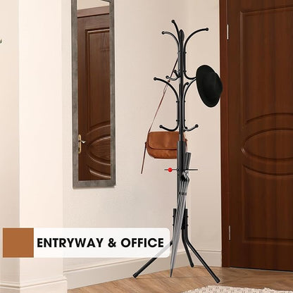 Coat Rack Freestanding,12 Hooks Metal Coat Racks with Umbrella Holder,Sturdy Hall Rree,Easy Assembly Coat Rack Stand for Hanging Scarf,Purse,Hats,Jacket(Black)