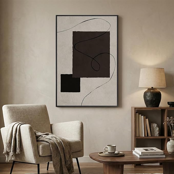 Framed Neutral Abstract Wall Art, Modern Black and Beige Canvas Prints Paintings Artwork for Walls, Contemporary Minimalist Geometric Shape Line Pictures for Dining Bedroom Hallway Wall Decor 24x36 In