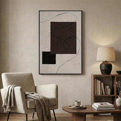 Framed Neutral Abstract Wall Art, Modern Black and Beige Canvas Prints Paintings Artwork for Walls, Contemporary Minimalist Geometric Shape Line Pictures for Dining Bedroom Hallway Wall Decor 24x36 In