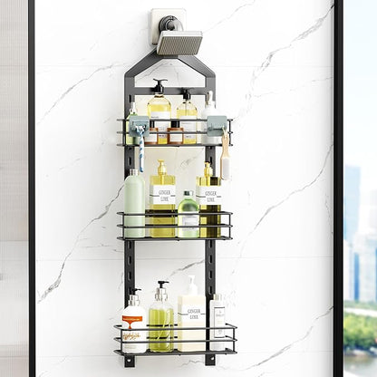 Orimade Adjustable Anti-slip Shower Caddy over Head, Rustproof Bathroom Hanging Organizer with 2 Hooks for Razor, No Drilling Shower Shelves Storage Rack 3 Tier, Black