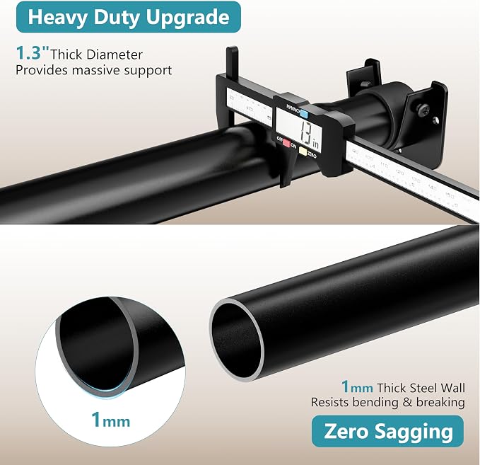 STARLATTA Heavy Duty Black Closet Rod: 17-84 Inch Stepless Adjustable Clothes Hanging Bar, 1.3" Diameter Metal Wardrobe Pole with Brackets, No-Cut, for Laundry & RV
