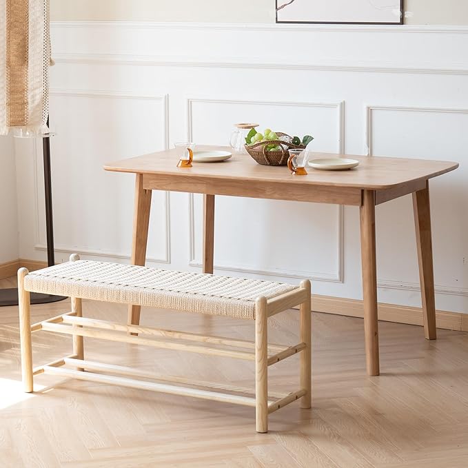 Solid Wood Entryway Bench with Shoe Storage, Rustic Oak Wood and Woven Design 45 Inch Long Seating for Living and Dining Rooms, 3-Tier Nature