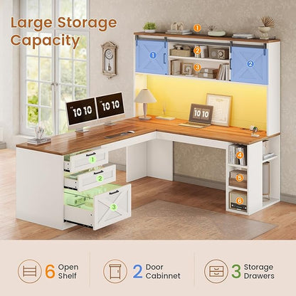 SEDETA 67" Farmhouse L Shaped Desk with Hutch, Home Office Desks with Drawers & Sliding Doors, Corner Computer Desk with Storage Shelves & Power Outlets, Executive Desk with LED Lights, White