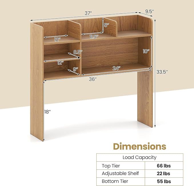 Desk Hutch, Desktop Shelf with 6 Shelves, Desk Bookshelf w/Anti-Toppling Devices, Wood Table Top Bookshelf Organizer, Small Desk Shelf for Study, Office, Dorm (Natural, 6 Shelves)