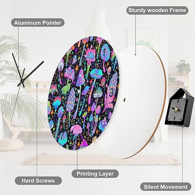 Botanical Wall Clock 12 Inch Silent Non Ticking Clock Wooden, Psychedelic Fantasy Magic Colorful Botanical Mushrooms Wall Clock Battery Operated Kitchen Bedroom Living Room Decor