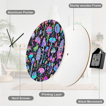 Botanical Wall Clock 12 Inch Silent Non Ticking Clock Wooden, Psychedelic Fantasy Magic Colorful Botanical Mushrooms Wall Clock Battery Operated Kitchen Bedroom Living Room Decor